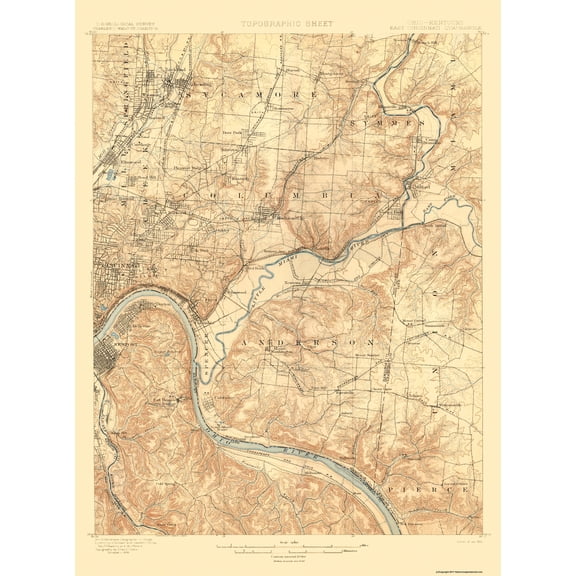 Topographical Map - Cincinnati East Ohio Kentucky Quad - USGS 1900 - Vintage Wall Art