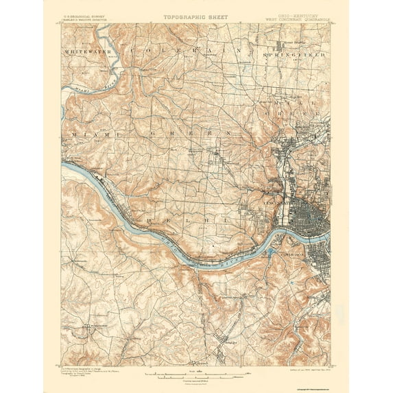 Topographical Map - Cincinnati West Ohio Kentucky Quad - USGS 1900 - Vintage Wall Art