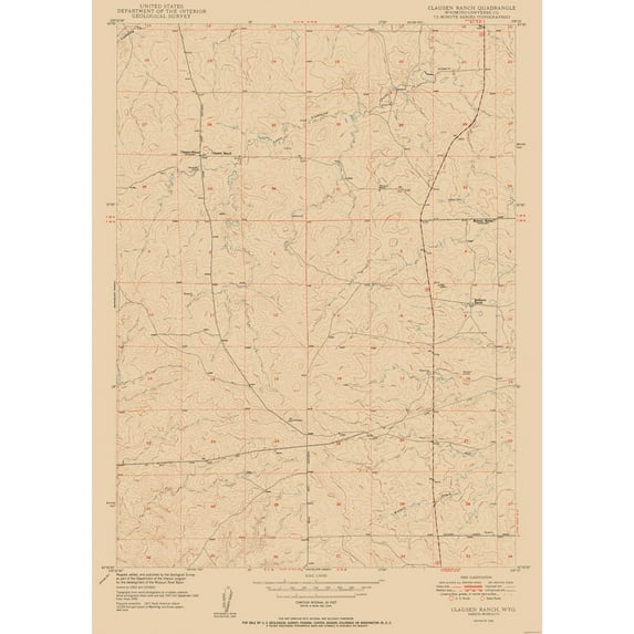 Topographical Map - Clausen Ranch Wyoming Quad - USGS 1950 - 23 x 32.37 - Vintage Wall Art