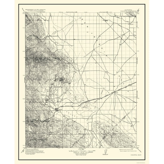 Topographical Map - Coalinga California Quad - USGS 1912 - Vintage Wall Art