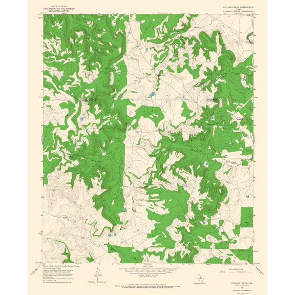 Topographical Map - Collins Creek Texas Quad - USGS 1965 - Vintage Wall Art