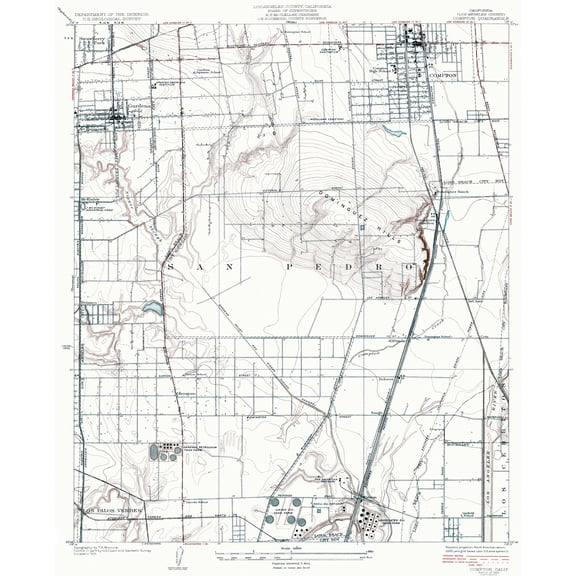 Topographical Map - Compton California Quad - USGS 1924 - 23 x 28.44 - Vintage Wall Art