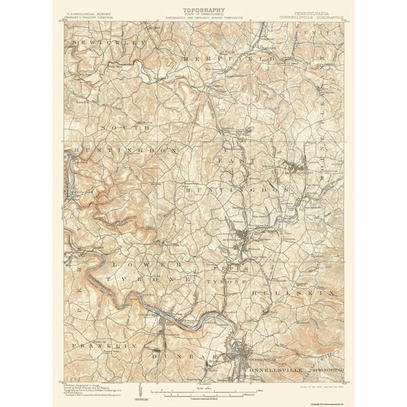 Topographical Map - Connellsville Pennsylvania Quad - USGS 1902 - Vintage Wall Art