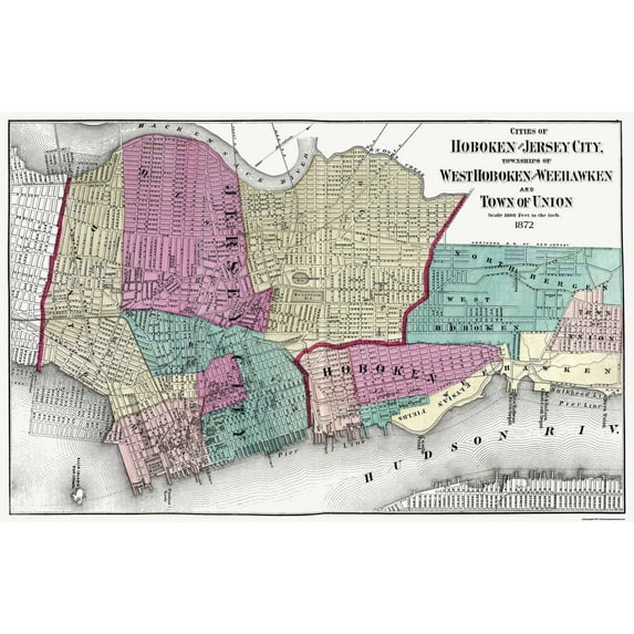 Historic City Map - Hoboken Jersey City New Jersey - Beers 1872 - Vintage Wall Art
