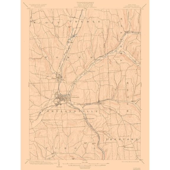 Topographical Map - Cortland New York Quad - USGS 1903 - Vintage Wall Art
