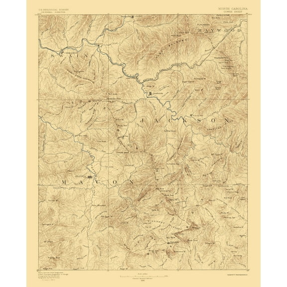 Topographical Map - Cowee North Carolina Sheet - USGS 1886 - 23 x 28.18 - Vintage Wall Art