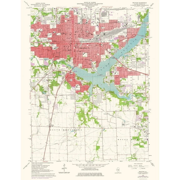 Topographical Map - Decatur Illinois Quad - USGS 1975 - 23 x 29.90 - Vintage Wall Art