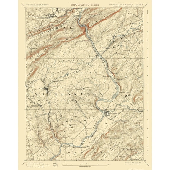 Topographical Map - Delaware Watergap Pennsylvania New Jersey Sheet - USGS 1893 - 23 x 29.18 - Vintage Wall Art