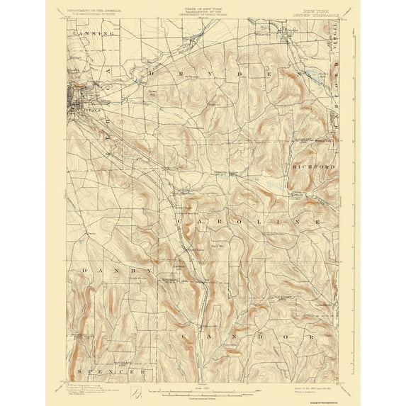 Topographical Map - Dryden New York Quad - USGS 1900 - Vintage Wall Art