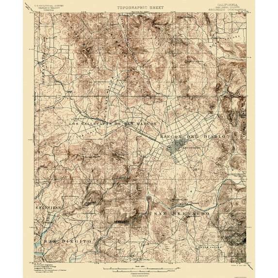 Topographical Map - Escondido California Quad - USGS 1901 - Vintage Wall Art