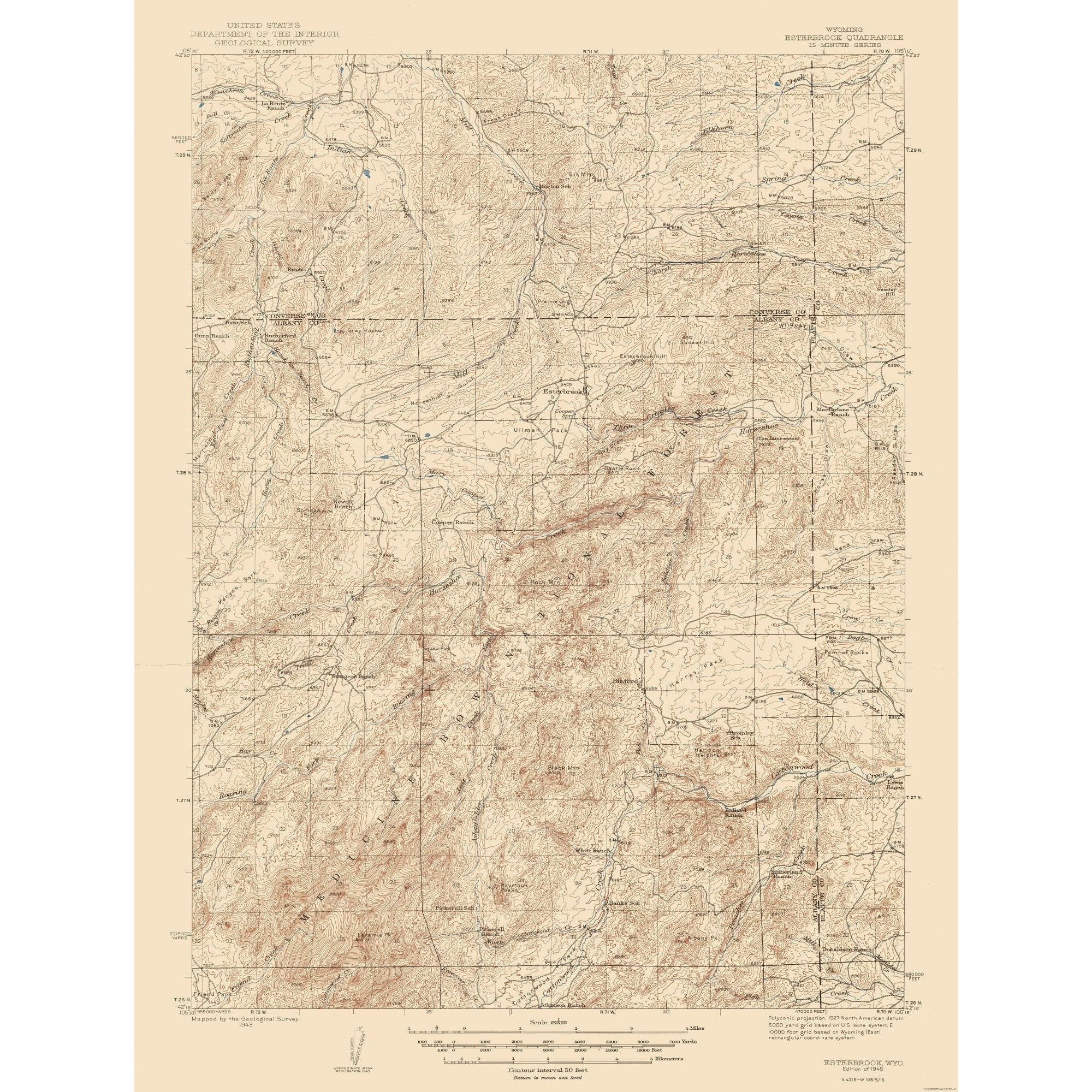 Topographical Map - Esterbrook Wyoming Quad - USGS 1945 - 23 x 30.49 ...