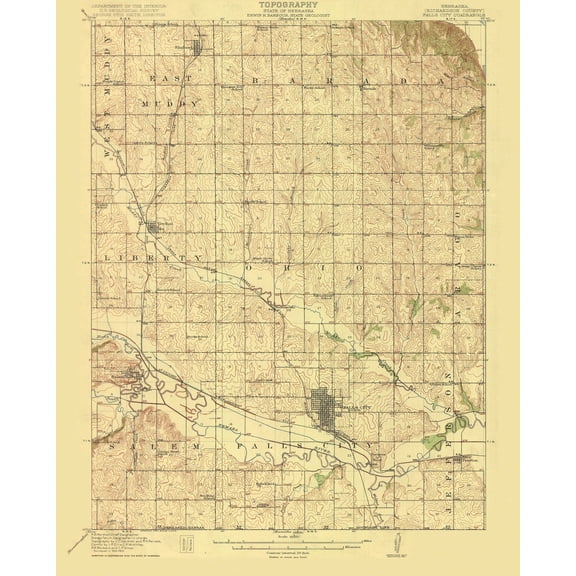 Topographical Map - Falls City Nebraska Quad - USGS 1915 - Vintage Wall Art