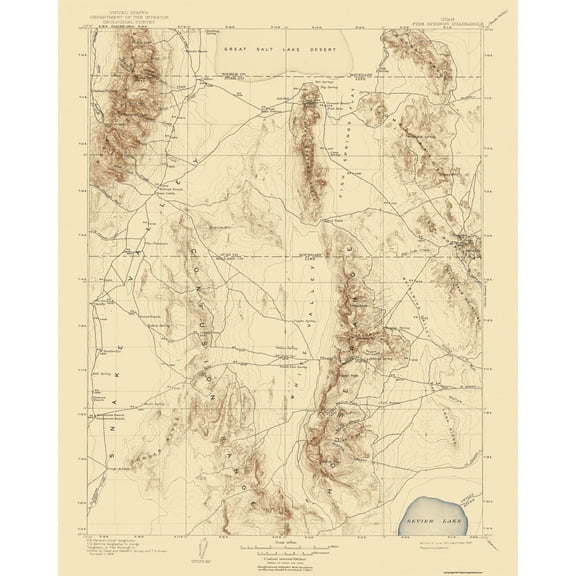 Topographical Map - Fish Springs Utah Quad - USGS 1910 - 23 x 28.77 - Vintage Wall Art