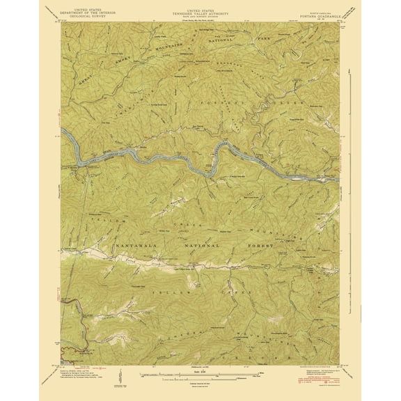 Topographical Map - Fontana North Carolina Quad - USGS 1940 - 23 x 28.56 - Vintage Wall Art