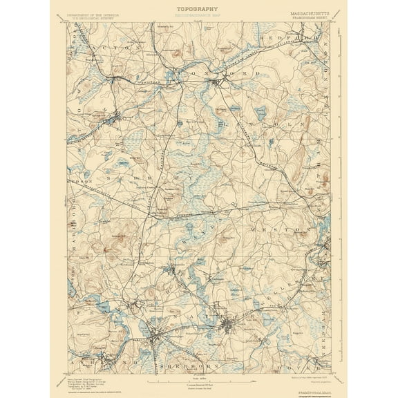 Topographical Map - Framingham Massachusetts Sheet - USGS 1894 - 23 x 30.69 - Vintage Wall Art