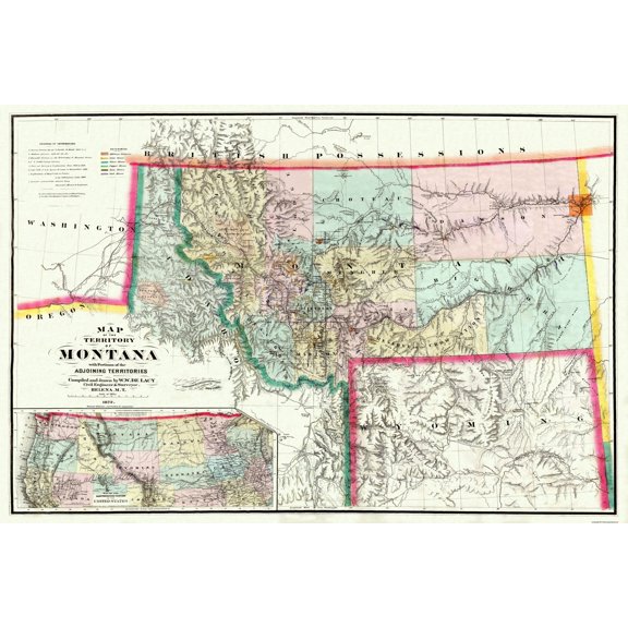 Historic State Map - Montana Territory - Delacy 1872 - Vintage Wall Art