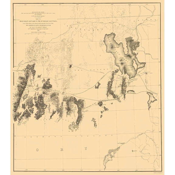 Topographical Map - Great Salt Lake Humboldt Range Utah Nevada - US War Dept 1855 - 23 x 26 - Vintage Wall Art