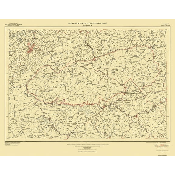 Topographical Map - Great Smoky Mountains National Park Quad - USGS 1950 - 29.28 x 23 - Vintage Wall Art