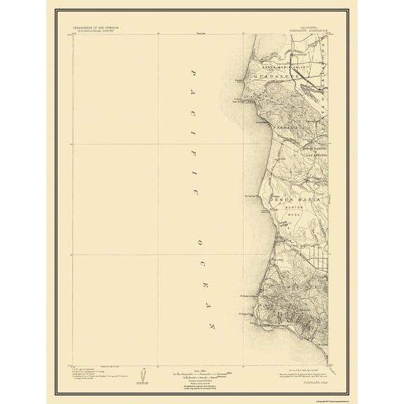Topographical Map - Guadalupe California Quad - USGS 1905 - 23 x 27.69 - Vintage Wall Art