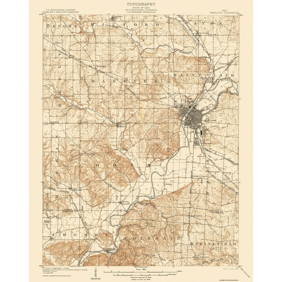 Topographical Map - Hamilton Ohio Quad - USGS 1905 - 23 x 28.92 - Vintage Wall Art
