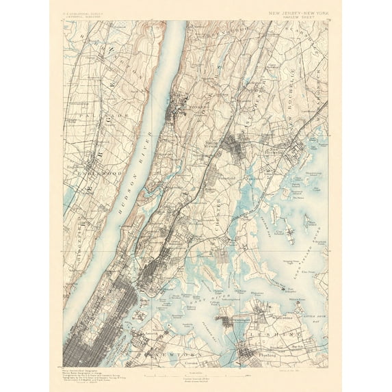 Topographical Map - Harlem New York New Jersey Sheet - USGS 1891 - Vintage Wall Art