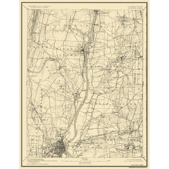 Topographical Map - Hartford Connecticut Sheet - USGS 1892 - 23 x 29.76 - Vintage Wall Art