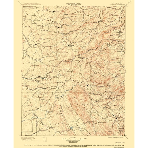 Topographical Map - Jackson California Quad - USGS 1902 - Vintage Wall Art