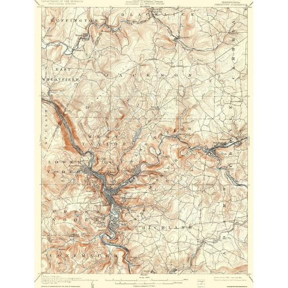 Topographical Map - Johnstown Pennsylvania Quad - USGS 1907 - Vintage Wall Art