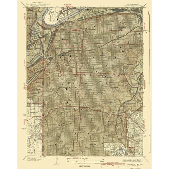 Topographical Map - Kansas City Missouri Kansas Quad - USGS 1940 - 23 28.9 - Vintage Wall Art