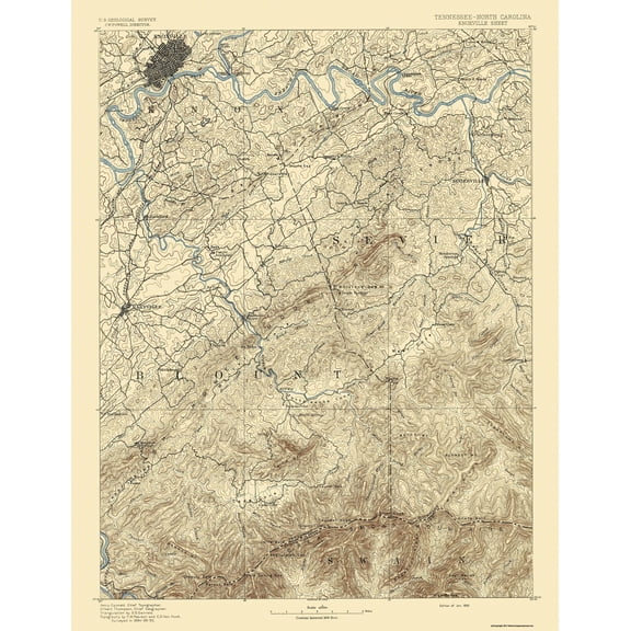 Topographical Map - Knoxville Tennessee North Carolina Sheet - USGS 1892 - Vintage Wall Art