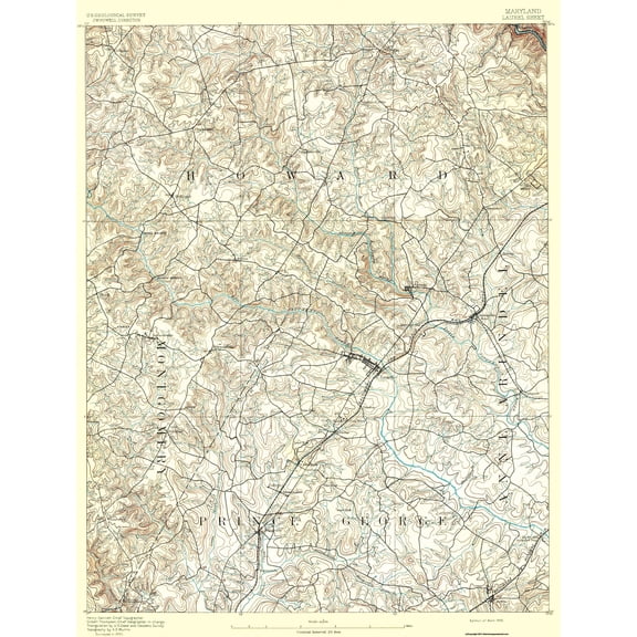 Topographical Map - Laurel Maryland Sheet - USGS 1892 - 23 x 30.23 - Vintage Wall Art
