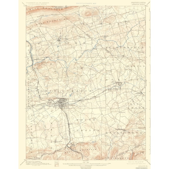 Topographical Map - Lebanon Pennsylvania Quad - USGS 1899 - 23 x 29.44 - Vintage Wall Art