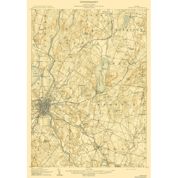 Topographical Map - Lewiston Maine Quad - USGS 1908 - 23 x 33.01 - Vintage Wall Art