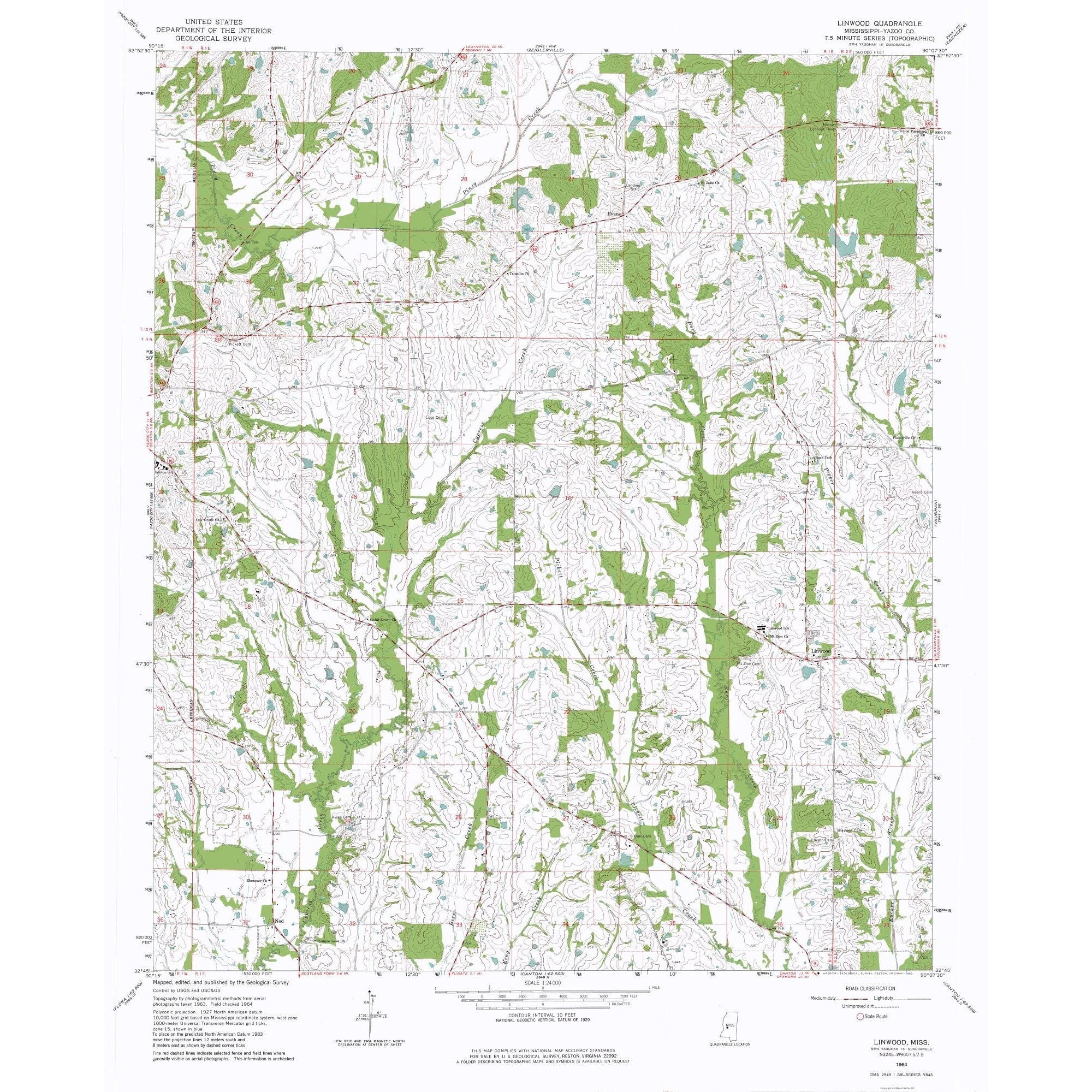 Topographical Map - Linwood Mississippi Quad - USGS 1964 - Vintage Wall ...