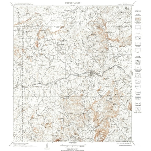 Topographical Map - Llano Texas Quad - USGS 1901 - 23 x 26.02 - Vintage Wall Art