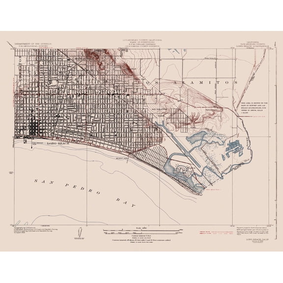 Topographical Map - Long Beach California Quad - USGS 1925 - 29.44 x 23 - Vintage Wall Art