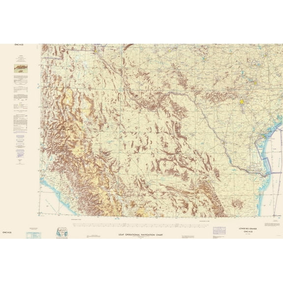 Topographical Map - Lower Rio Grande New Mexico Texas Aeronautical Sheet - USAF 1964 - 23 x 33 - Vintage Wall Art