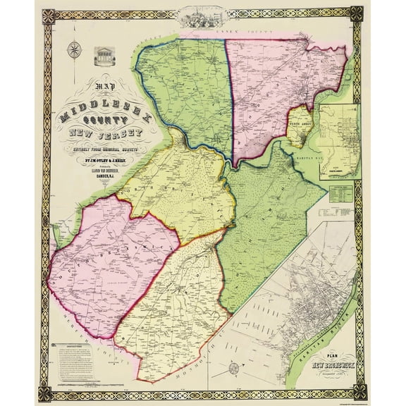 Historic County Map - Middlesex County New Jersey - Derveer 1850 - Vintage Wall Art