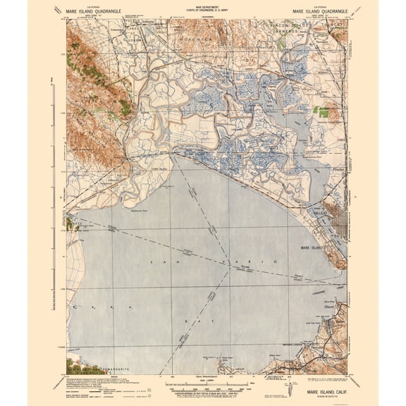 Topographical Map - Mare Island California Quad - US Army 1942 - 23 x 26.63 - Vintage Wall Art