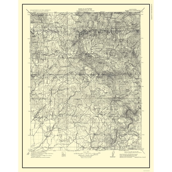 Topographical Map - Mariposa California Quad - USGS 1912 - Vintage Wall Art