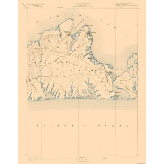Topographical Map - Massachusetts Marthas Vineyard Sheet - USGS 1894 - 23 x 29.52 - Vintage Wall Art
