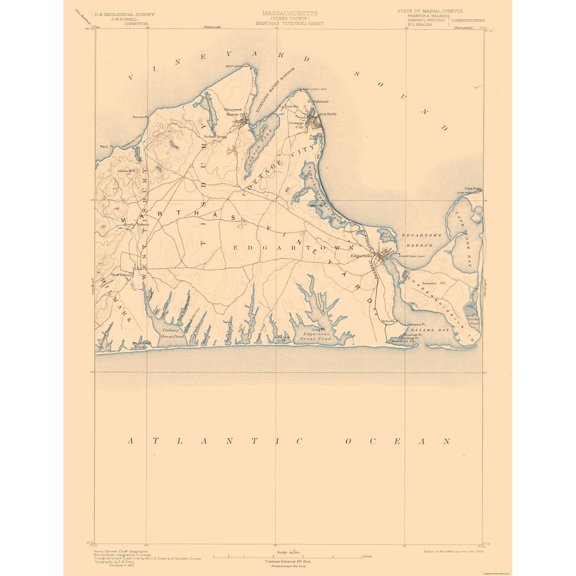 Topographical Map - Massachusetts Marthas Vineyard Sheet - USGS 1894 - Vintage Wall Art