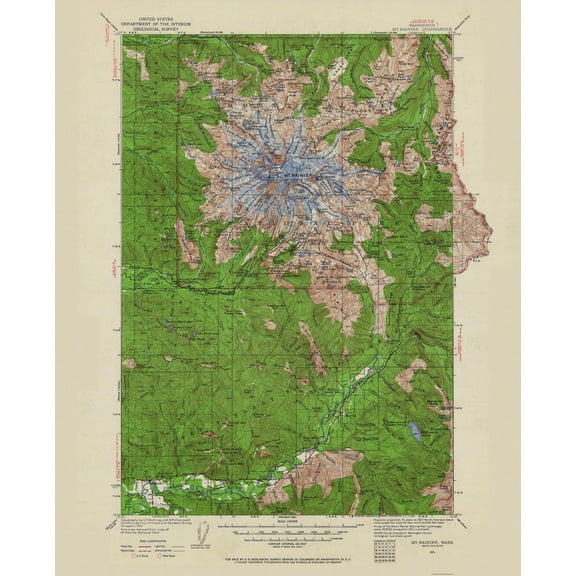 Topographical Map - Mt Rainier Washington Quad - USGS 1924 - Vintage Wall Art