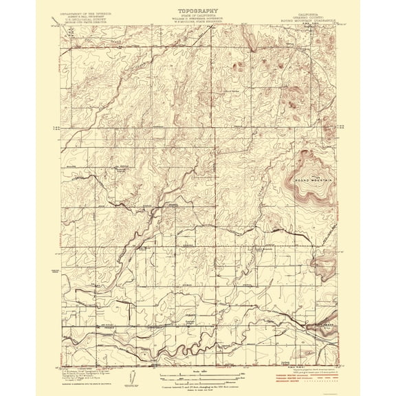 Topographical Map - Mt Round California Quad - USGS 1922 - 23 x 28.01 - Vintage Wall Art