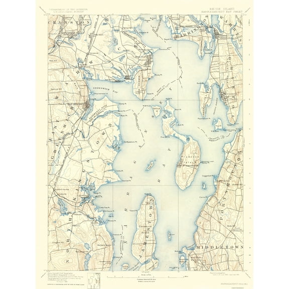 Topographical Map - Narragansett Rhode Island Sheet - USGS 1892 - 23 X 30.46 - Vintage Wall Art
