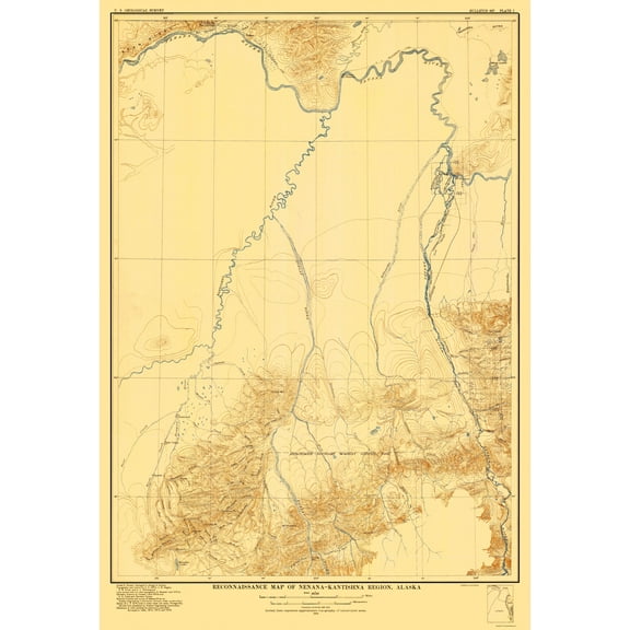 Topographical Map - Nenana-Kantishna Region Alaska - USGS 1919 - Vintage Wall Art