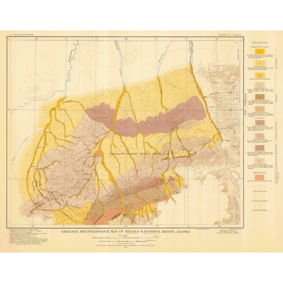 Topographical Map - Nenana-Kantishna Region Alaska - USGS 1919 - Vintage Wall Art