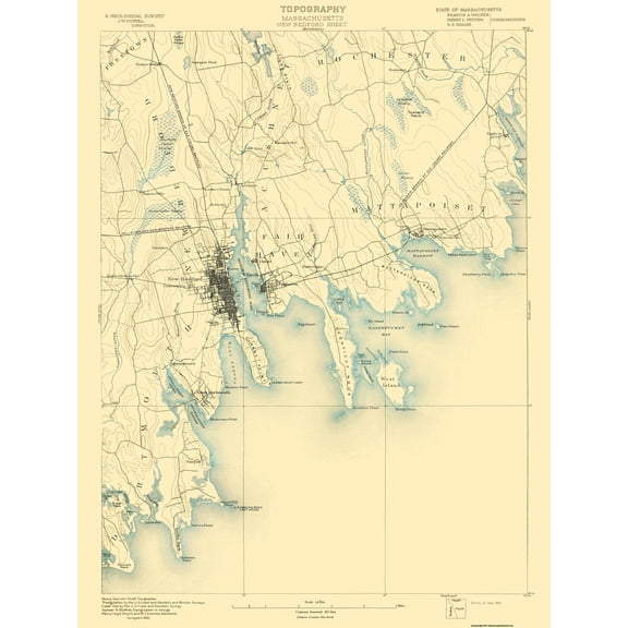 Topographical Map - New Bedford Massachusetts Sheet - USGS 1893 - 23 x 30.5 - Vintage Wall Art