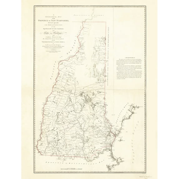 Topographical Map - New Hampshire Province - Holland 1784 - Vintage Wall Art