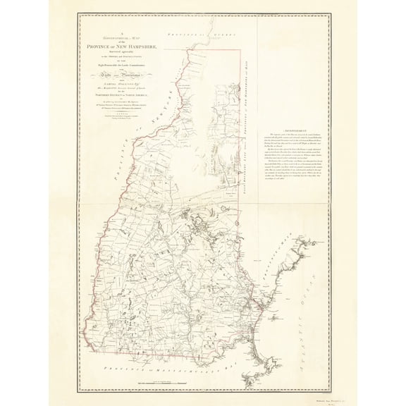 Topographical Map - New Hampshire Province - Holland 1784 - 23 x 30.19 - Vintage Wall Art